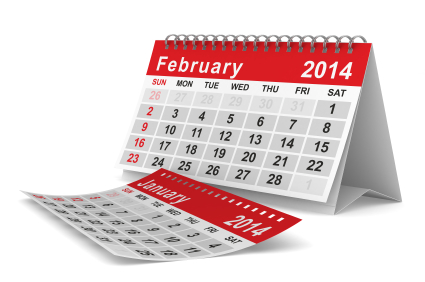 2014 year calendar. February. Isolated 3D image