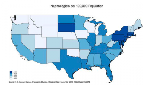 Chart showing Number of Nephrologists per 100,000 by State, 2014