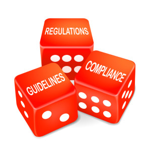regulations, guidelines and compliance words on three red dice
