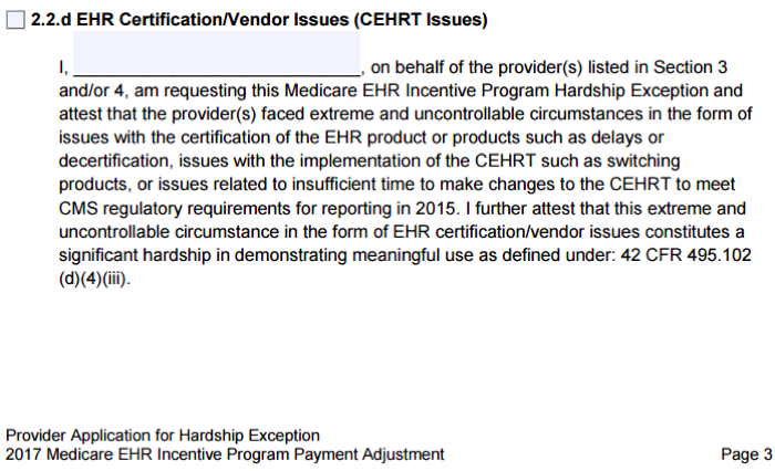 MU hardship exception application - CEHRT Issues section
